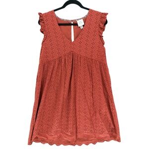 Knox Rose Rust Short Ruffled Sleeve Eyelet V-Neck A-Line Dress M Scalloped Hem